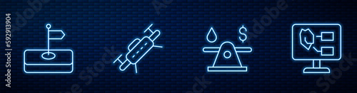 Set line Oil money, Flag, Drone and Soil analysis. Glowing neon icon on brick wall. Vector