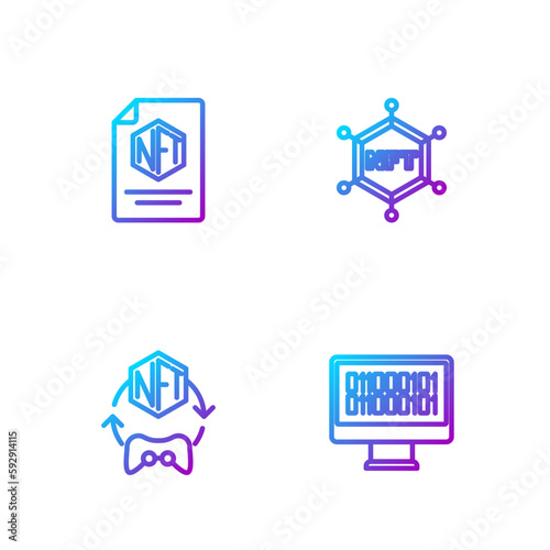 Set line Binary code, NFT Digital crypto art, contract and blockchain technology. Gradient color icons. Vector