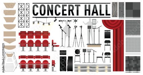 Multipurpose and Concert Hall Design Elements and Furniture views for Architectural Drawings