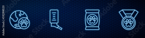 Set line Bag of food for pet, World, Drinker small pets and Pet award symbol. Glowing neon icon on brick wall. Vector