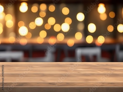 Restaurant background with lights bokeh on an empty wooden table top.