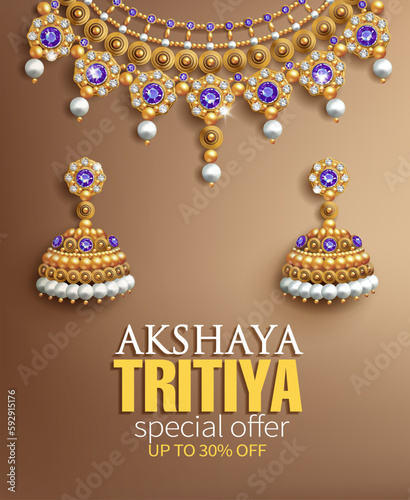 Promotion banner for Indian festival Akshya Tritiya. Gorgeous gold necklace and earrings with pearls, blue gems and diamonds on silk background. Vector illustration.
