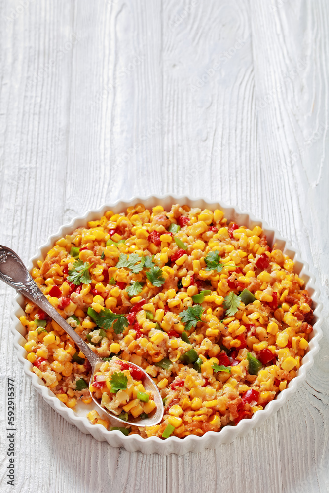 New Orleans Style Corn casserole in baking dish New Orleans Style Corn casserole in baking dish