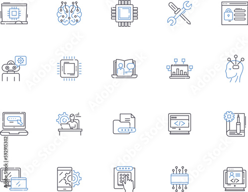 Programm outline icons collection. Program, Programm, Programming, Plans, Scripts, Algorithms, Codes vector and illustration concept set. Fluency, Syntax, Apps linear signs