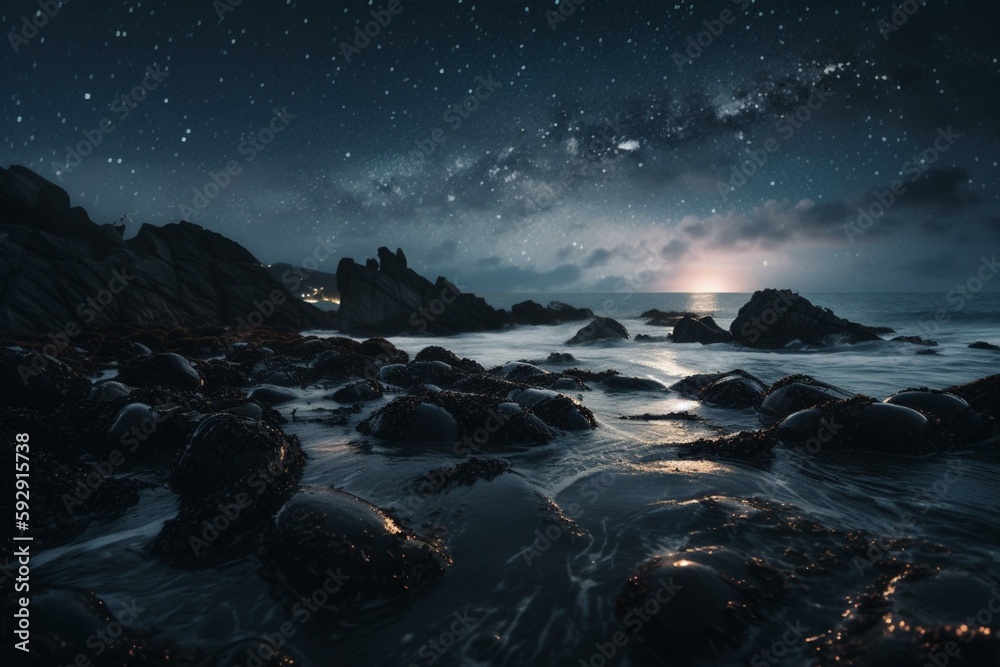Galaxy, ocean shore, starry sky, science fiction. Generative AI
