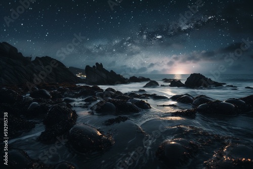 Galaxy, ocean shore, starry sky, science fiction. Generative AI © Lea