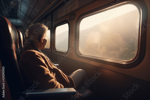 A man sits in a train looking out the window of a train. AI generation