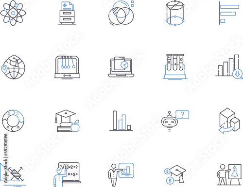Science outline icons collection. Science, Physics, Chemistry, Biology, Astronomy, Genetics, Ecology vector and illustration concept set. Mathematics, Technology, Experiments linear signs