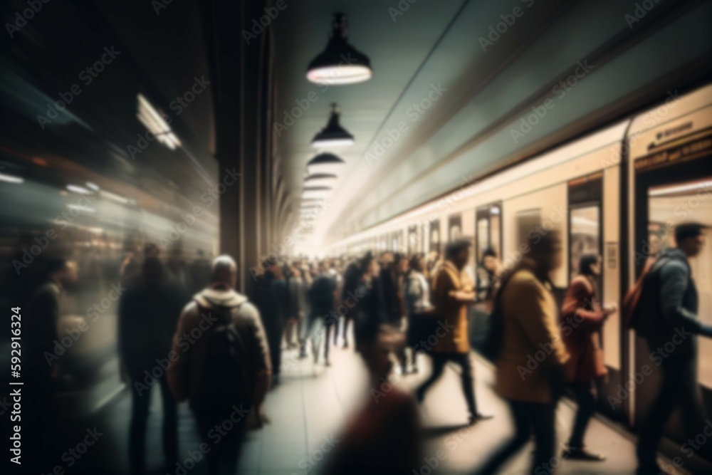Blurred crowd people walking in train station. Generative AI Blurred crowd people walking in train station. Generative AI