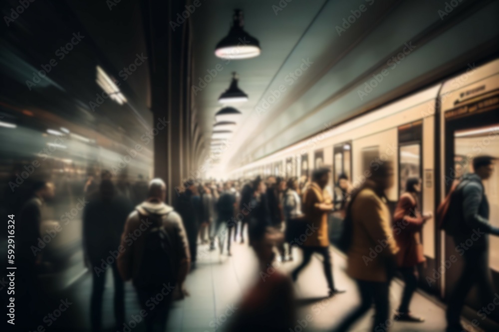 Blurred crowd people walking in train station. Generative AI