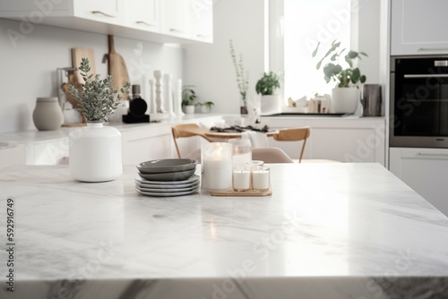 Elegance white marble kitchen tabletop with copy space over blurred white kitchen in background. Generative AI