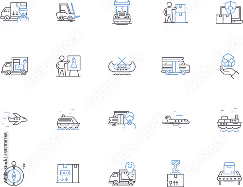 Shipping outline icons collection. Transportation, Cargo, Delivery, Movement, Mail, Ocean, Air vector and illustration concept set. Logistics, Parcel, Services linear signs