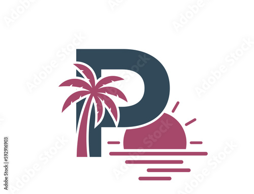 letter p with palm tree, sea and sun. vacation alphabet logo symbol. summer and exotic tourism design