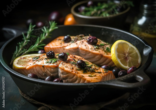 Grilled salmon with lemon, olives and fresh rosemary is a healthy and tasty dish. This dish is perfect for a summer barbecue or a light and refreshing dinner. AI generated illustration.