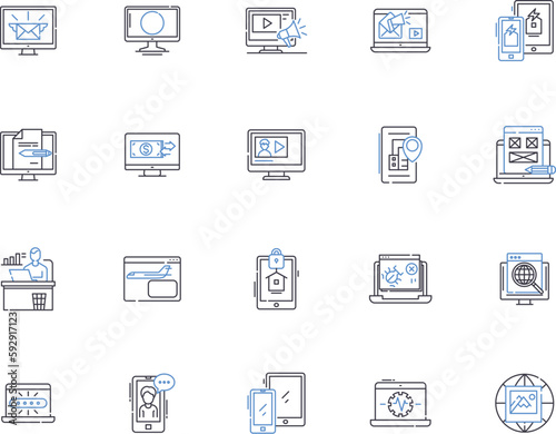 Internet marketing outline icons collection. Search, Optimization, Ads, Social, Analytics, SEO, Online vector and illustration concept set. Display, Promotions, Clicks linear signs
