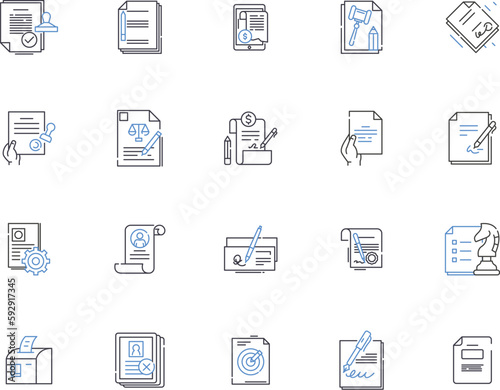 Certification outline icons collection. Certificate, Accreditation, Qualification, Designation, Endorsement, Validation, Authentication vector and illustration concept set. Licensing, Registration