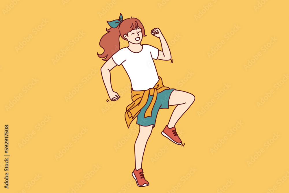 Little girl elementary school student stands in pose of running person for concept of happy childhood. Positive teenage girl with good mood dressed in casual clothes for summer walks Little girl elementary school student stands in pose of running person for concept of happy childhood. Positive teenage girl with good mood dressed in casual clothes for summer walks