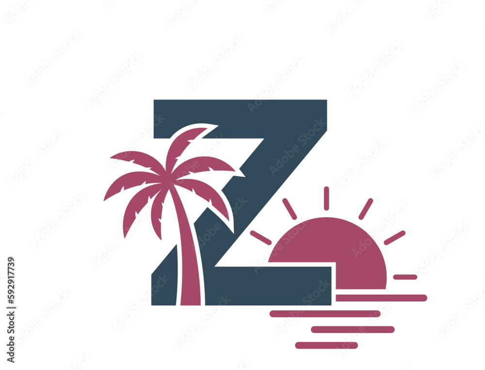 Fototapeta premium letter z with palm tree, sea and sun. vacation and resort text logo. summer and exotic tourism design
