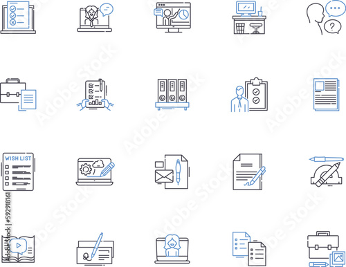 Copywriting outline icons collection. Copywriting, Content, Writing, Creative, Message, Services, Texts vector and illustration concept set. Ads, Advertising, Copy linear signs