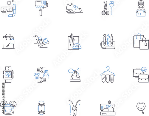 Production outline icons collection. Production, Manufacturing, Factory, Output, Construct, Fabricate, Create vector and illustration concept set. Assemble, Forge, Extrude linear signs