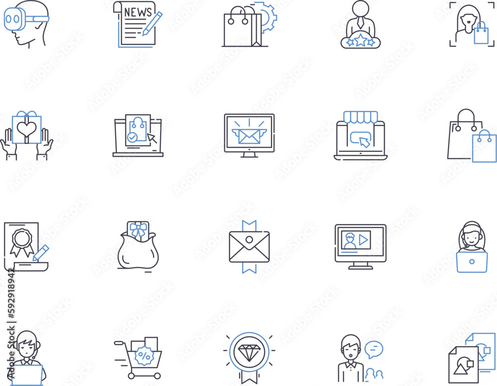 Advertising outline icons collection. Promotion, Branding, Publicity, Media, Placement, Campaign, Reach vector and illustration concept set. Audience, Visibility, Exposure linear signs Advertising outline icons collection. Promotion, Branding, Publicity, Media, Placement, Campaign, Reach vector and illustration concept set. Audience, Visibility, Exposure linear signs