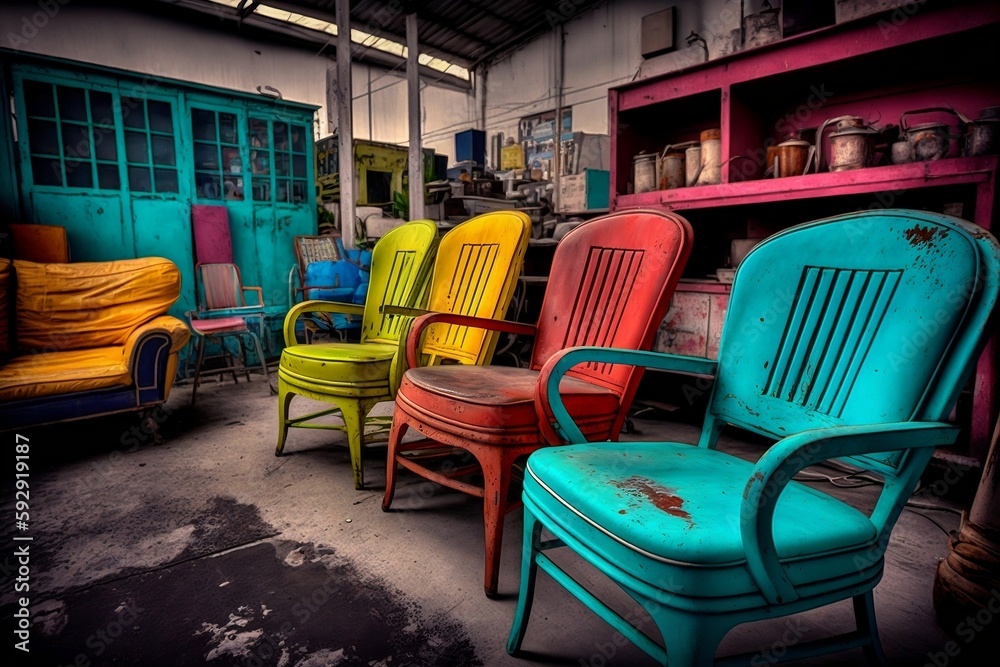 A Collection of Colorful Vintage Chairs Found in a Second Hand