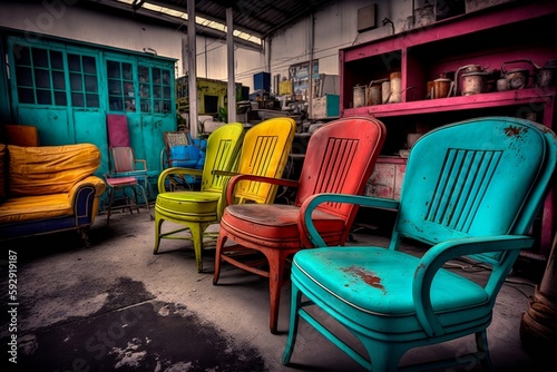 A Collection of Colorful Vintage Chairs Found in a Second-Hand Shop. Generative AI