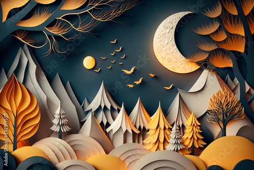 Abstract Paper Art with Origami Shapes, Waves, and Layers Texture: Geometric Design Layout with a Fairytale Autumn Forest, Moonlit Night. Generative AI