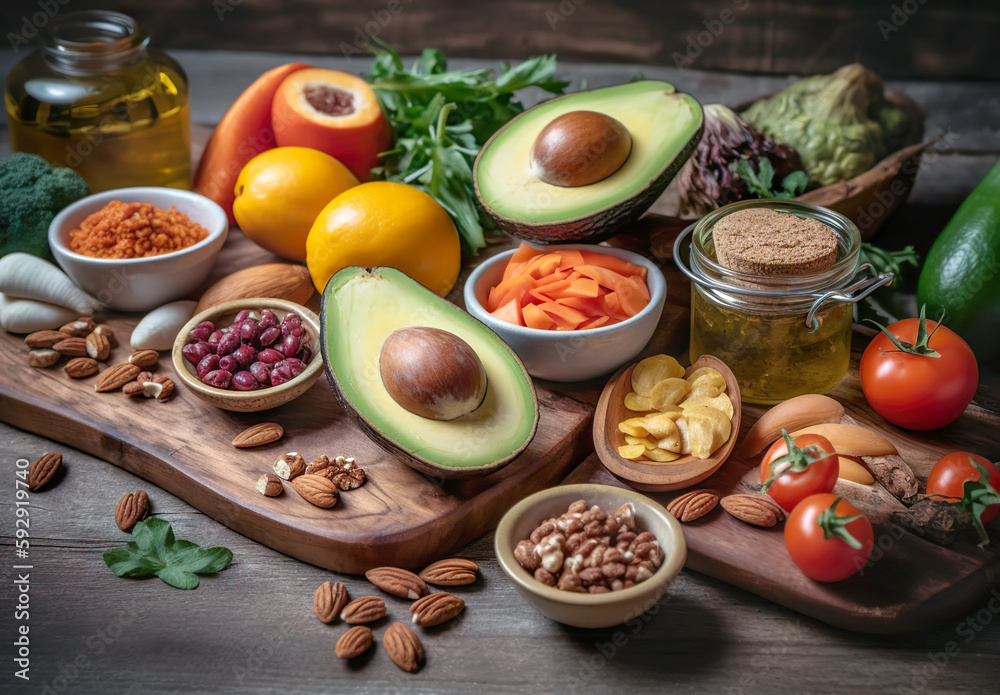 The healthy food selection includes many fresh ingredients to promote a balanced and nutritious diet. Other healthy ingredients include lean proteins. AI generated illustration. The healthy food selection includes many fresh ingredients to promote a balanced and nutritious diet. Other healthy ingredients include lean proteins. AI generated illustration.