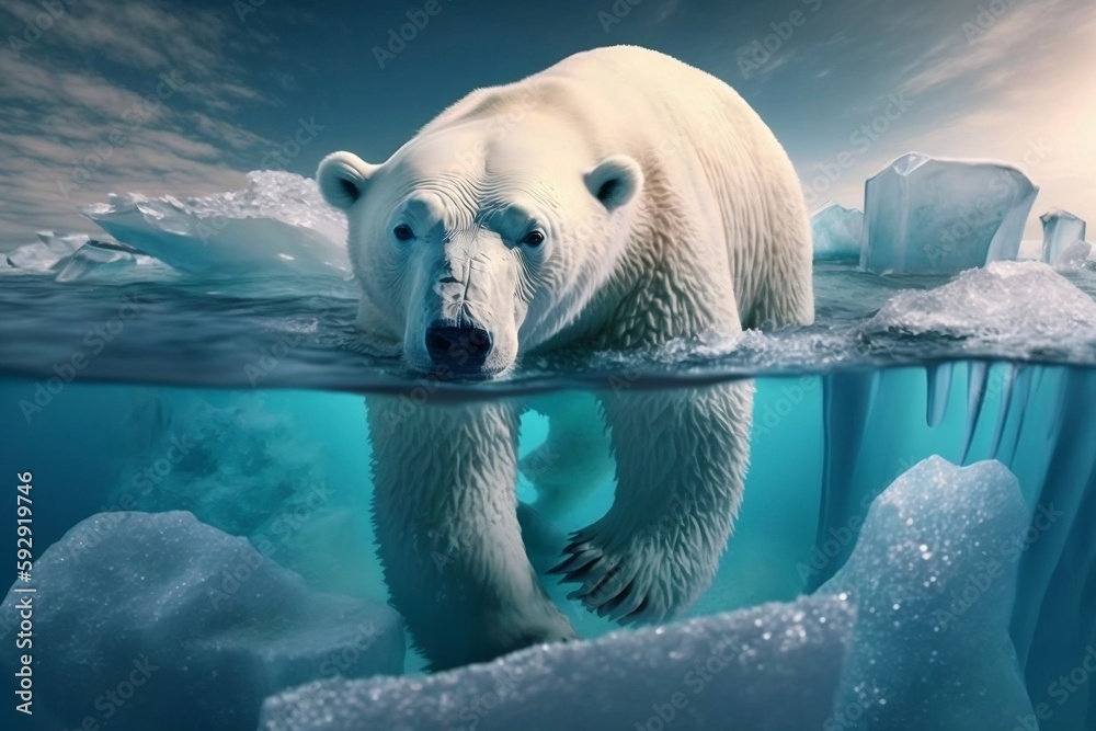 Ice-made polar bear standing on ice. Generative AI