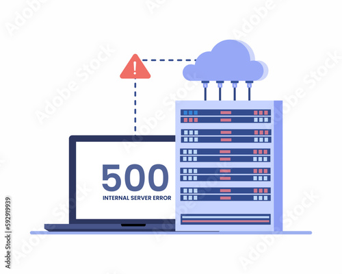 Internal server error, Page 500 error with server and network administrators, concept of cloud computing.