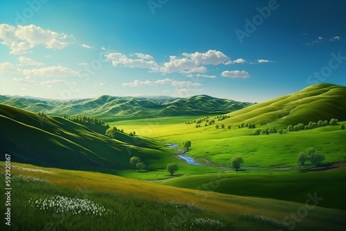 Spring Landscape with Green Hills and Blue Sky. AI
