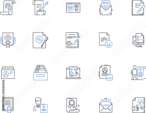 Certification outline icons collection. Certificate, Accreditation, Qualification, Designation, Endorsement, Validation, Authentication vector and illustration concept set. Licensing, Registration