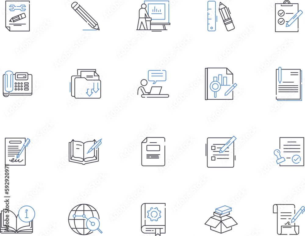 Business office outline icons collection. Office, Business, Building, Desk, Suite, Chair, Computer vector and illustration concept set. Furniture, Printer, Meeting linear signs Business office outline icons collection. Office, Business, Building, Desk, Suite, Chair, Computer vector and illustration concept set. Furniture, Printer, Meeting linear signs