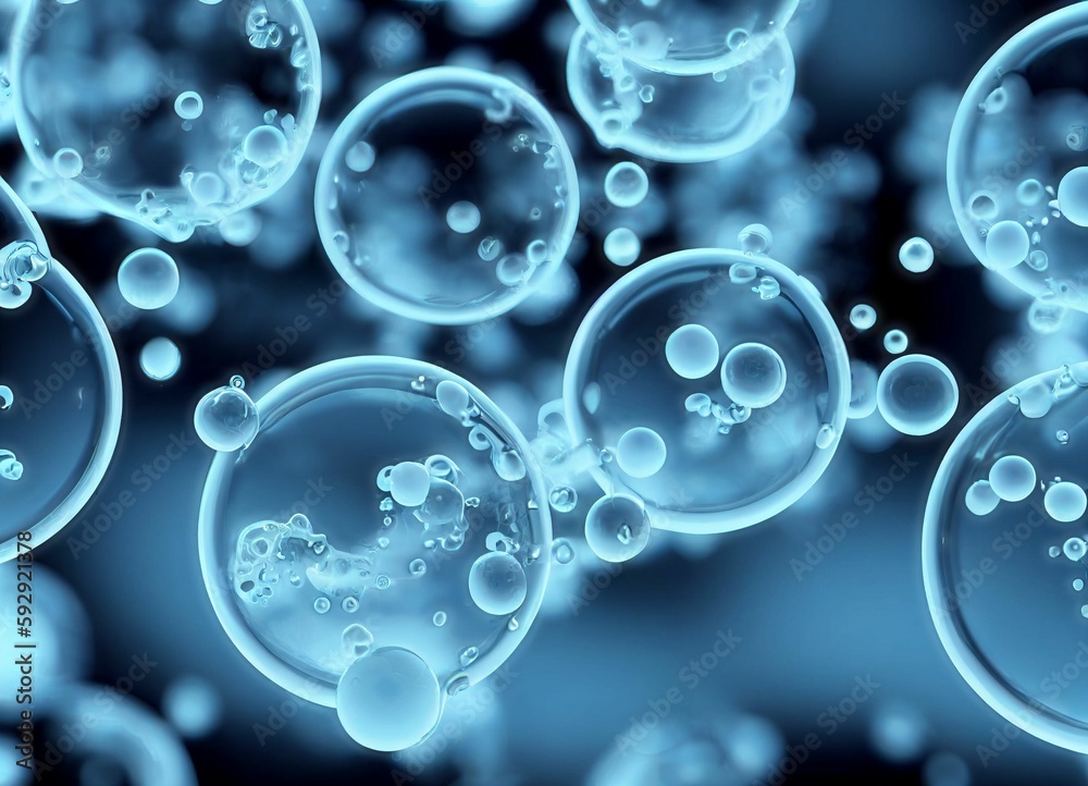 Blue background with a 3D illustration of water splashes and bubbles Blue background with a 3D illustration of water splashes and bubbles