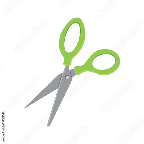 Scissors cartoon. Open scissor with green handle isolated on white background. Vector illustration.