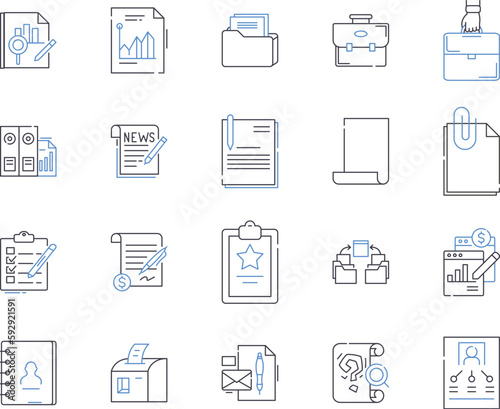 Business files and folders outline icons collection. file, folder, document, report, spreadsheet, presentation, proposal vector and illustration concept set. invoice, receipt, contract linear signs