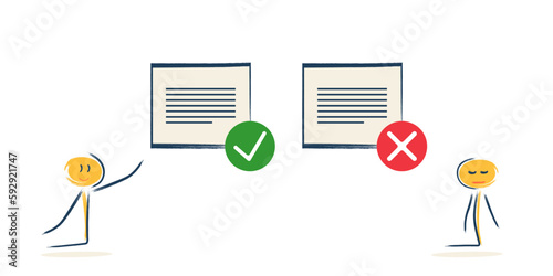 characters show their work, text. one job is right and the other is wrong. an example of correct and incorrect document processing