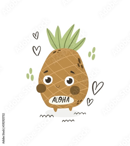 aloha. Cartoon pineapple, decor elements, hand drawing lettering. colorful summer tropical illustration, flat style. Doodle phrase. design for print, card, cover, poster
