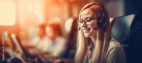 Friendly smiling operator young woman with headsets working in a call center. Created with Generative AI technology.