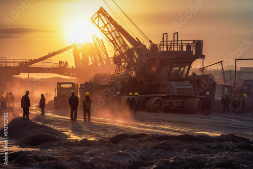 Generic construction site in sunset, with workers and equipment silhouettes against sunlight. Created with Generative AI technology.