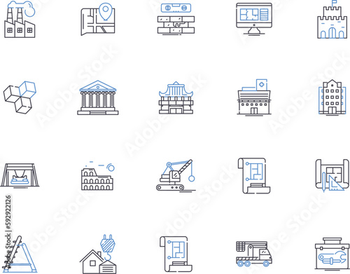 Building restoration outline icons collection. Rebuilding, Preservation, Renovation, Rehabilitation, Refurbishment, Conserve, Repair vector and illustration concept set. Maintenance, Reinforcement