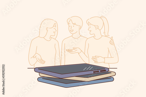 Happy people chatting by putting phones aside attending quiz party with questions