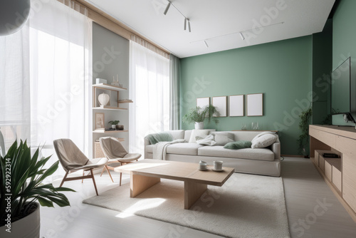 Modern living room  clean Scandinavian design  primary colors green and white  generative AI