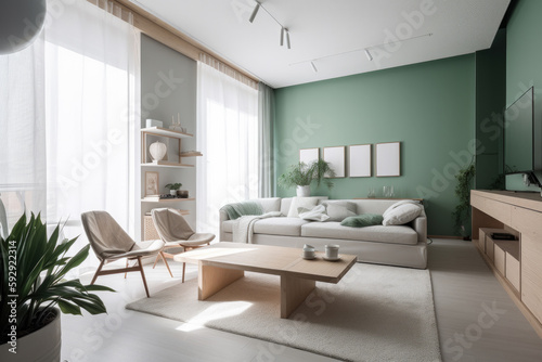 Modern living room, clean Scandinavian design, primary colors green and white, generative AI