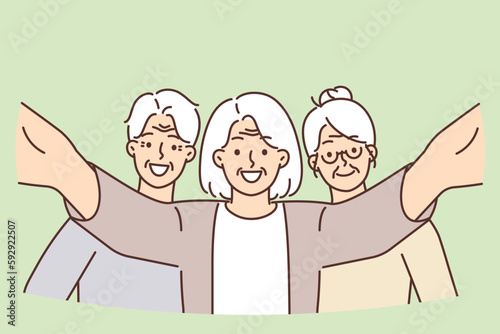 Smiling elderly people posing taking selfie together video active lifestyle and enjoying retirement