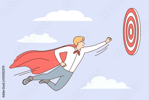 Young purposeful man in superhero cape flies in sky towards target, wanting to reach goal faster