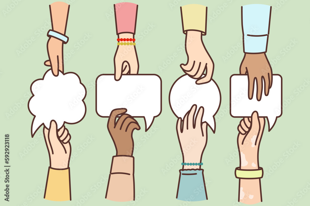 Hands of people with dialogue bubbles symbolizes negotiations with aim of making joint decision Hands of people with dialogue bubbles symbolizes negotiations with aim of making joint decision