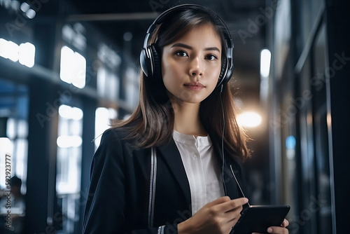 Beautiful smart businesswoman holding digital tablet while listening music with headearphones in the modern office. Generative AI