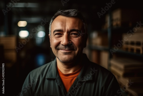 Mature cheerful employee man looking at camera in workshop. Generative AI